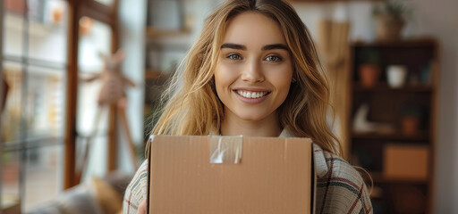 Canvas Print - Happy woman holding a cardboard box against the background of a bright apartment. Generative AI.