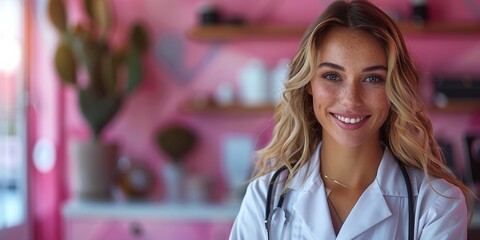 Wall Mural - An alluring, cheerful caucasian woman, a healthcare professional, confidently wields her stethoscope.