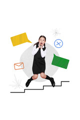 Poster - Creative vertical collage of small school girl jumping upstairs income notifications sms messages isolated on grey color background