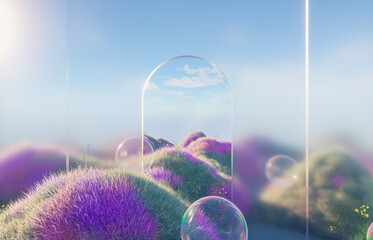 Leinwandbilder - Abstract spring flower landscape scene with water bubble. 3d rendering.