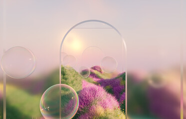 Leinwandbilder - Abstract spring flower landscape scene with water bubble. 3d rendering.