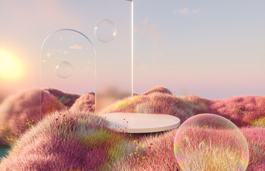 Leinwandbilder - Abstract spring flower landscape scene with water bubble. 3d rendering.