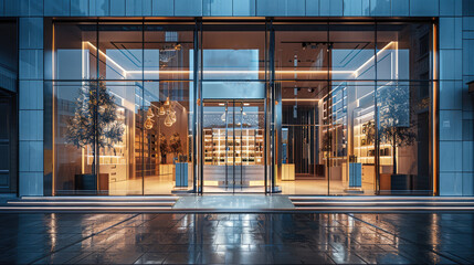 Poster - Fashion storefront, The storefront features a modern design with a minimalist entrance. Generative AI.
