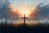 Fototapeta  - a cross in a field with clouds and mountains in the background