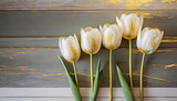 Fototapeta Tulipany - Białe tulipany. Abstrakcyjne wiosenne kwiaty. Tło deski