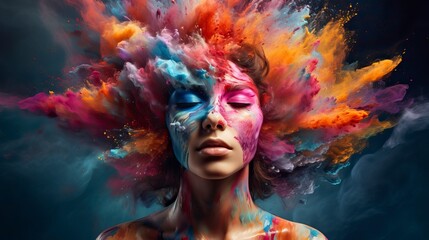  Colorful painted explosion in head. Concept of creative mind and imagination