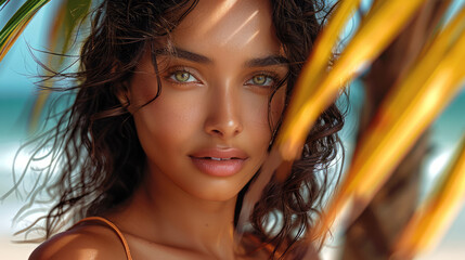 Sticker - Indian models with supple skin and beautiful lips, beach backgrounds with beach tropical holiday vibes. Generative AI.