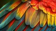 Vibrant closeup of colorful parrot feathers. Detailed exotic tropical bird plumage texture. Bright parrot feathers background.