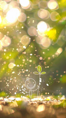 Canvas Print - A white figure with a smile on his face plants small plant seeds in the ground (line art). The background is a flower garden with bokeh effect with glowing green and white light points, with sunlight