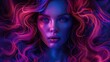 A woman's face with colorful hair and waves surrounding her, in the style of realistic fantasy, neon color palette, dark bronze and violet, split toning, exotic realism