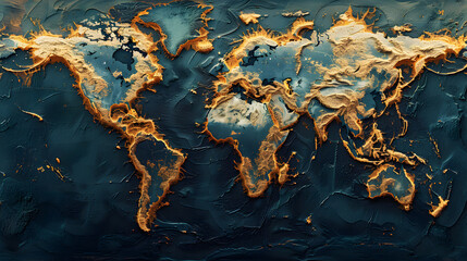 Wall Mural - world map in which the areas of the seas and oceans appear burned,