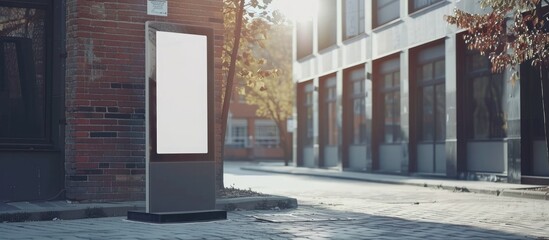 Poster - Mockup of a blank white vertical pylon stand near a brick building, shown from the side. An empty information stand on the street for advertising mock-ups.