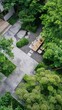 outdoor seating area for residential chinese garden house, in the style of birdseyeview, minimalist 