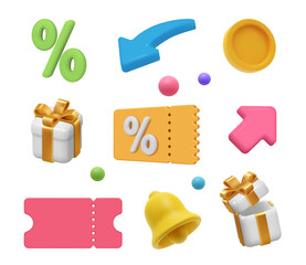 Poster - Shopping voucher tickets and coupons with reduction of price. Vector isolated realistic icons of percent, money and arrows, notification bell and empty admission ticket or paper with deal