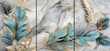 three panel wall art, marble background with feather designs	