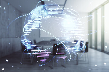 Wall Mural - abstract graphic digital world map hologram with connections on a modern coworking room background, 