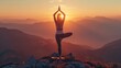 Woman in her 40s practicing yoga at sunrise on a mountain top