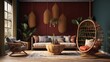 Boho living room with textured wallpaper woven furniture hanging planters and warm jewel tones.