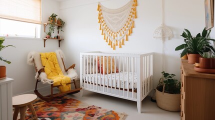 Boho nursery with macram?(C) wall hanging woven light and bright pops of color in the textiles.