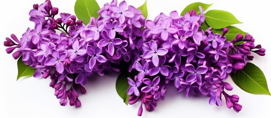 Wall Mural - A vibrant display of purple Petunias, with magenta petals and green leaves, against a white background. These flowering plants make beautiful groundcover in a flowerpot