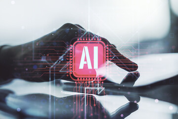 Wall Mural - creative artificial intelligence symbol concept with finger presses on a digital tablet on backgroun