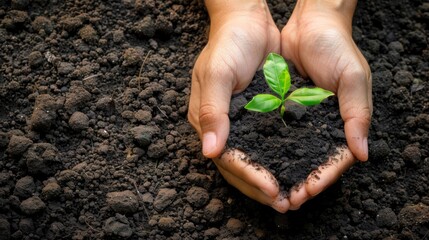 Poster - hands holding a small tree growing in the dirt, earth day background