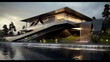 Bold ultramodern home with soaring cantilevered roof overhang integrated water feature and concrete walls.