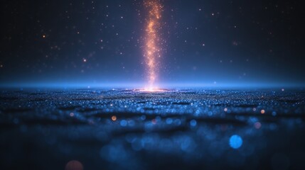   A blue and black background with stars and two bright lights at opposite ends of the image