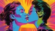 Sensory Neon Kissing, Energetic Pop Art Illustration, LGBTQ Affection Theme