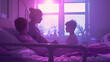 Cinematic photograph of a mother holding hand of two children  in a hospital bed . Mother's Day. Pink and purple color palette.