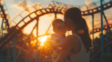 Wall Mural - Cinematic photograph of a mother holding baby at a rollercoaster . Mother's Day.