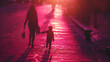 Cinematic photograph of a mother holding child hand  walking on the street . Mother's Day. Pink and purple color palette.