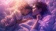 Cinematic photograph of a mother holding child hand  sleeping in bed . Mother's Day. Pink and purple color palette.