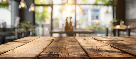 Restaurant interior background with blurred abstract details and a vacant wooden table. Mock-up.