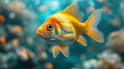 Wall Mural -   A close-up photo of a goldfish surrounded by numerous fish in the aquarium and viewers in the background