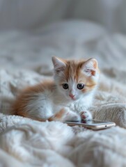 Canvas Print - smallest cat are playing smartphonein the bed