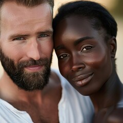 Wall Mural - portrait of a couple, Africa-American female and Caucasian male 