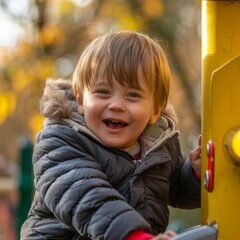 Canvas Print - Portrait of a little boy with down syndrome while playing in a park 