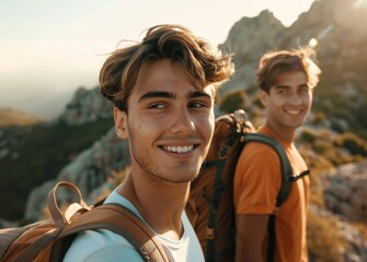 Canvas Print - Portrait of two young men on hiking trip smiling at camera, wearing backpacks, looking happy and energetic with beautiful landscape in background, copy space concept