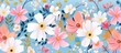 A creative arts piece featuring a variety of pink and white flowers on a vibrant blue background. The floral design includes intricate patterns and details of petals and cut flowers