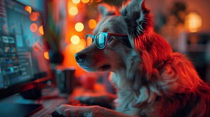 Poster - Portrait of a dog with glasses and a computer in the room