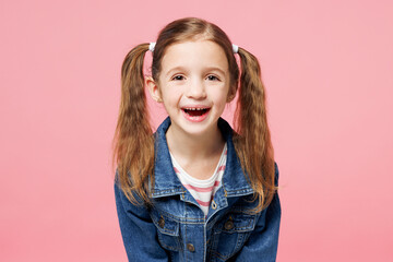 Wall Mural - Little child cheerful fun cool smiling cute kid girl 7-8 years old wearing denim shirt look camera laughing isolated on plain pastel light pink background. Mother's Day love family lifestyle concept.