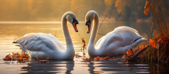 Wall Mural - Two graceful swans gracefully swim in the lake, intertwining their necks to form a heart shape. The natural landscape creates a serene backdrop for the elegant birds