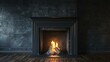 A beautiful shot of a lit fireplace. The dark surround and hearth contrast with the bright flames, creating a cozy and inviting scene.