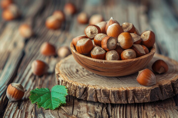 Wall Mural - Wooden bowl with hazelnuts on a tree trunk cut on a wooden table