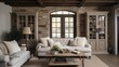 Cozy farmhouse inspired den with built-in floor-to-ceiling bookcases wood beams antique shutters and chic French sliding barn doors.