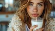 A woman with long, layered brown hair is drinking a glass of milk