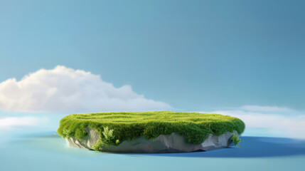 3D round grassy platform island with summer green lawn on the background of a light blue sky with clouds. 3D rendered stone podium with green grass