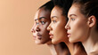 Four women with different skin tones stand side by side. Concept of unity and diversity, celebrating the beauty of different skin colors