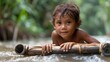 Close-up portrait of a playful child with curly hair in the water holding a bamboo stick